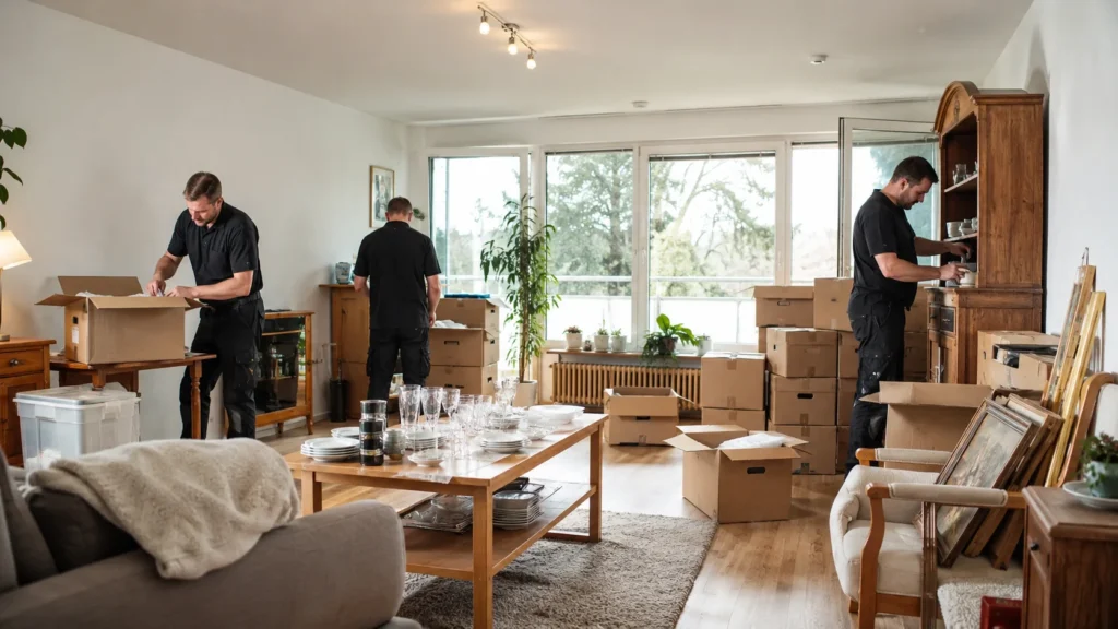 Kosten Haushaltsauflösung mit Möbeln und Umzugskartons in einer deutschen Wohnung